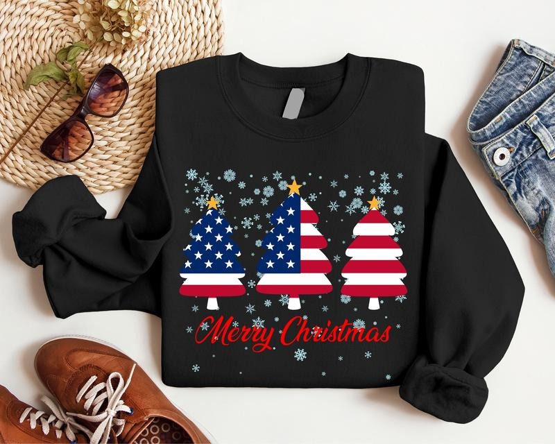 Merry Christmas Sweatshirt, American Flag Christmas Hoodie, Christmas USA Flag Tree Gift Sweatshirt, American Christmas Hoodie For Family, Matching America Lover Sweatshirt For Holiday.