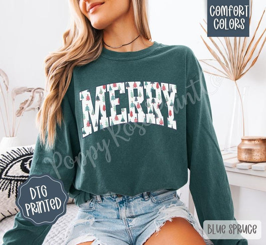 Merry Comfort Colors Long Sleeve T-Shirt, Cute Women's Christmas Tee