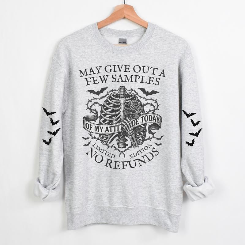 Might Give Our a Few Samples Skull Long Sleeve Crewneck Sweatshirt Alternative Emo Grunge Pullover Casual Women's Long Sleeve Womenwear Gray Color with Spooky Graphic Design