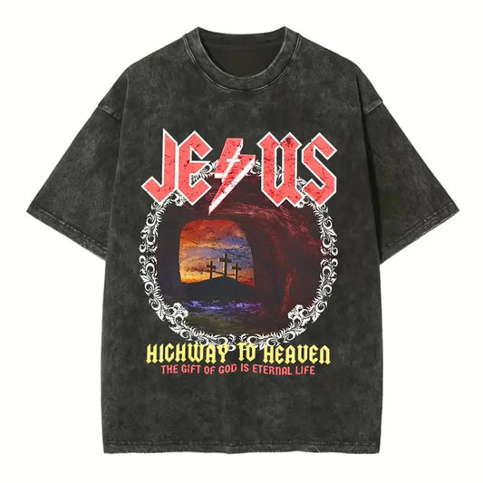 [ Mineral Wash ] Jesus Highway To Heaven Chirstian Washed Shirt Jesus Graphic Washed Style Shirt