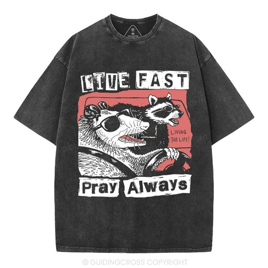 [ Mineral Wash ] Live Fast Pray Always Christian Washed Shirt Jesus Graphic Washed Style Shirt
