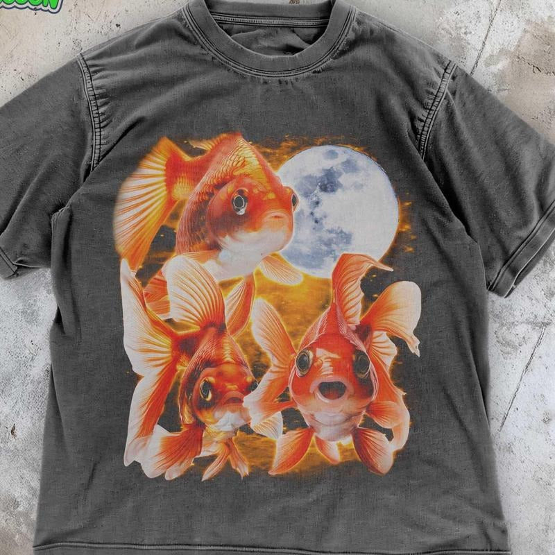 [ Mineral Wash ] Three Goldfish Moon TShirt , Magical Koi Fish Tee , Retro Vintage Style TShirt , Fantasy Fish Lover Washed Gift , Pet Fish Washed Gift TShirt