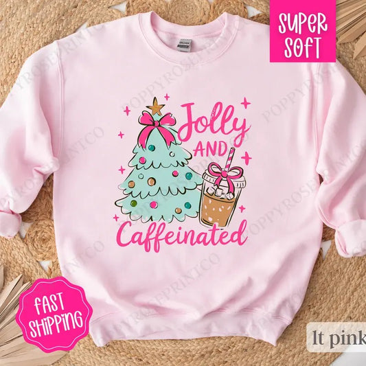 Mint Jolly and Caffeinated Sweatshirt, Preppy Christmas Crewneck,  Womens Holiday Sweater