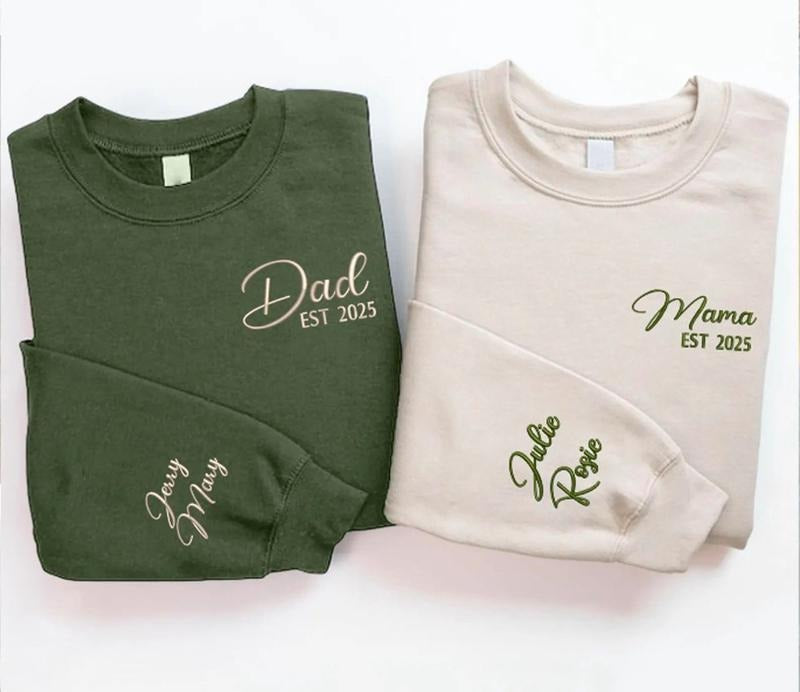 Mom and Dad Matching Embroidered Sweatshirts, Personalized Mama & Dad Shirt, Custom Kids Names on Sleeve Hoodie, Mothers Day Crewneck for Her