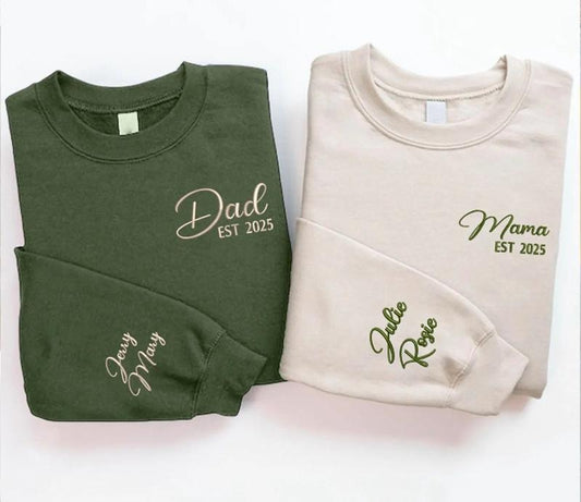 Mom and Dad Matching Embroidered Sweatshirts, Personalized Mama & Dad Shirt, Custom Kids Names on Sleeve Hoodie, Mothers Day Crewneck for Her