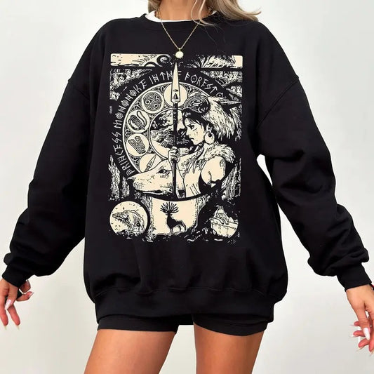 Mononoke Vintage Princess Washed Acid Sweatshirt Y2K Studio Ghibli Anime T-Shirt Spirited Away Oversized Crewneck Long Sleeve Pullover Casual Comfort Cotton