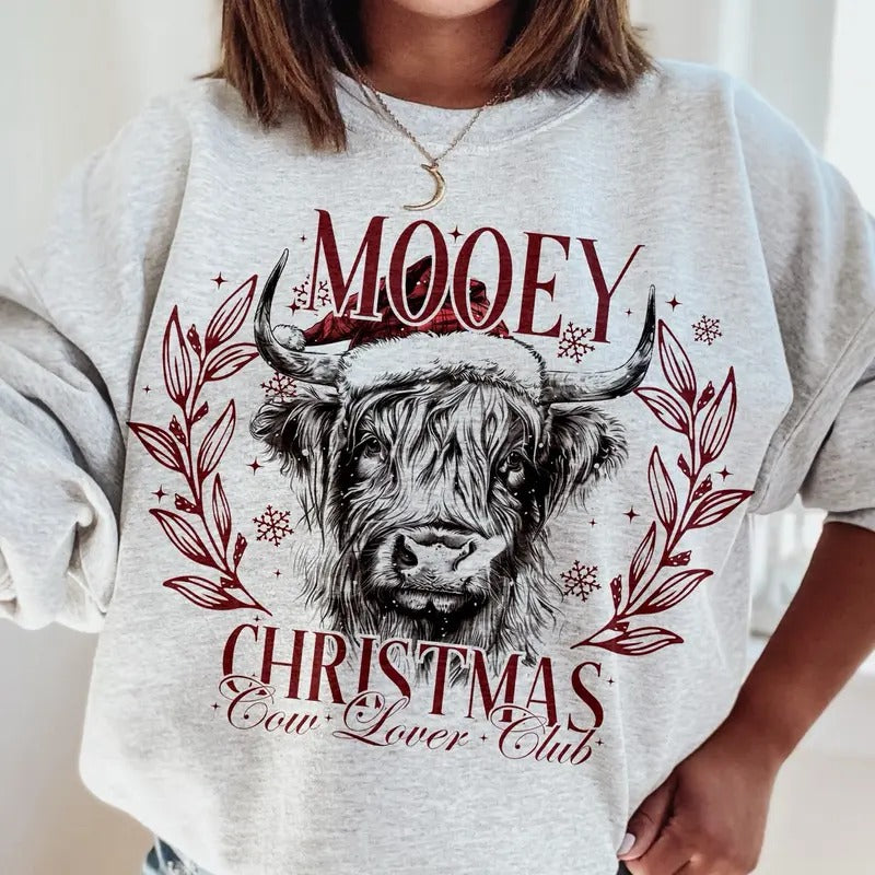 Mooey Christmas Cow Lover Club TShirt, Christmas Season, Christmas Highland Cow Unisex Women's Top in 100% Cotton - Fit Crewneck Fabricstyle{n002}2
