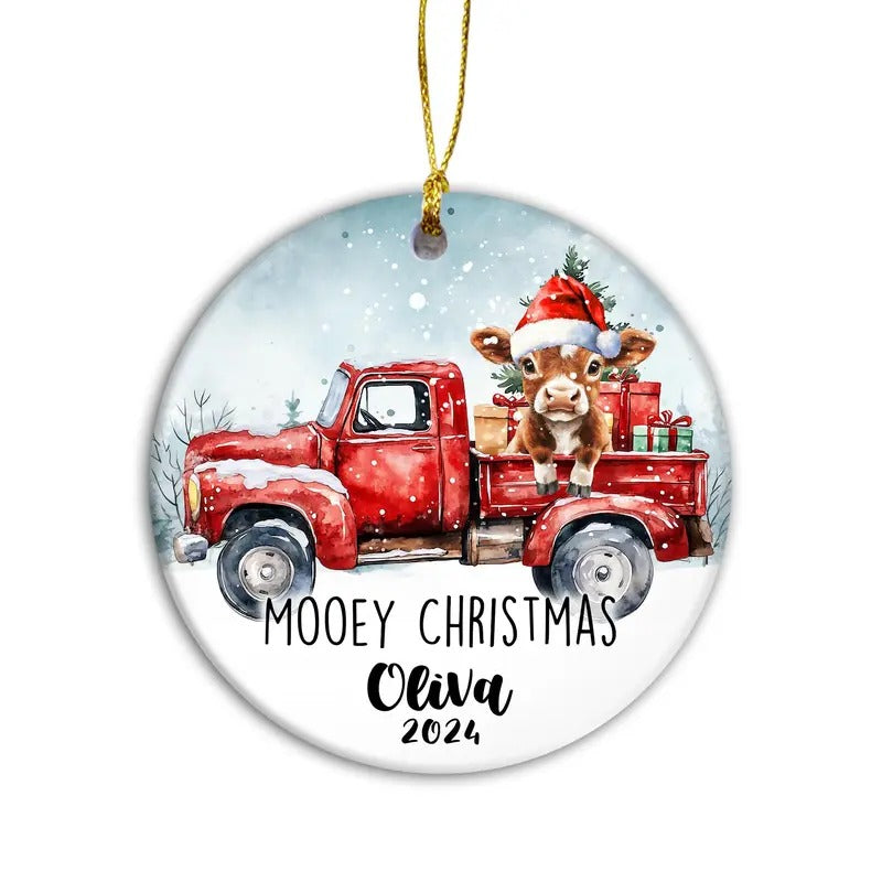 Mooey Christmas Ornament, Cow Farmhouse Animal Ornament, Personalized Name or Family Name, Farmhouse Family Holiday Decor