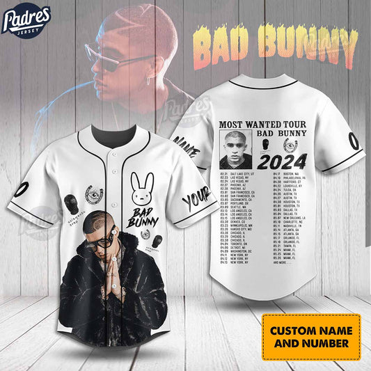 Most Wanted Bad Bunny Tour 2024 Custom Baseball Jersey Shirt - Padres Jersey Oasis: Elevate Your Baseball Style Game