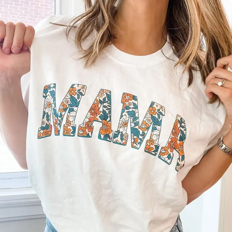 Multi-Floral Print MAMA T-Shirt, T-Shirt, Summer MAMA Top, DTG Printed T-Shirt, Gift for Mom Womenswear Underwear