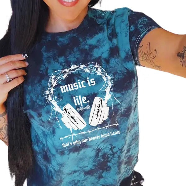 'Music Is Life' Black & Green Tie Dye T Shirt Pullover , Alt, Grunge, Streetwear, Sarcastic, Punk, Cotton, Casual, Comfort, Cute, Music Lovers, Womenswear