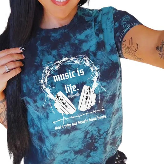 'Music Is Life' Black & Green Tie Dye T Shirt Pullover , Alt, Grunge, Streetwear, Sarcastic, Punk, Cotton, Casual, Comfort, Cute, Music Lovers, Womenswear