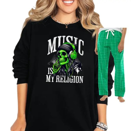 Music Is My Religion - Grunge Goth Plaid Pajama Set, Long Pants or Shorts & Sweatshirt or T-Shirt,- Made to Order, Unisex Cotton Sleepwear, Loungewear