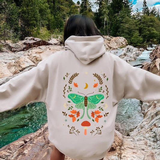 Mystical Moth and Moon, Enchanted Floral Night Sky Hoodie