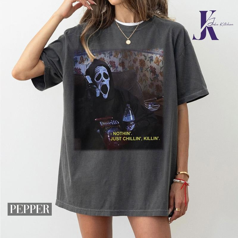 Nothin' Just Chillin' Killin' Shirt, Ghostface Shirt, Funny Halloween Shirt, Scream Shirt, Shirt, Halloween Gift Shirt, Halloween Tee
