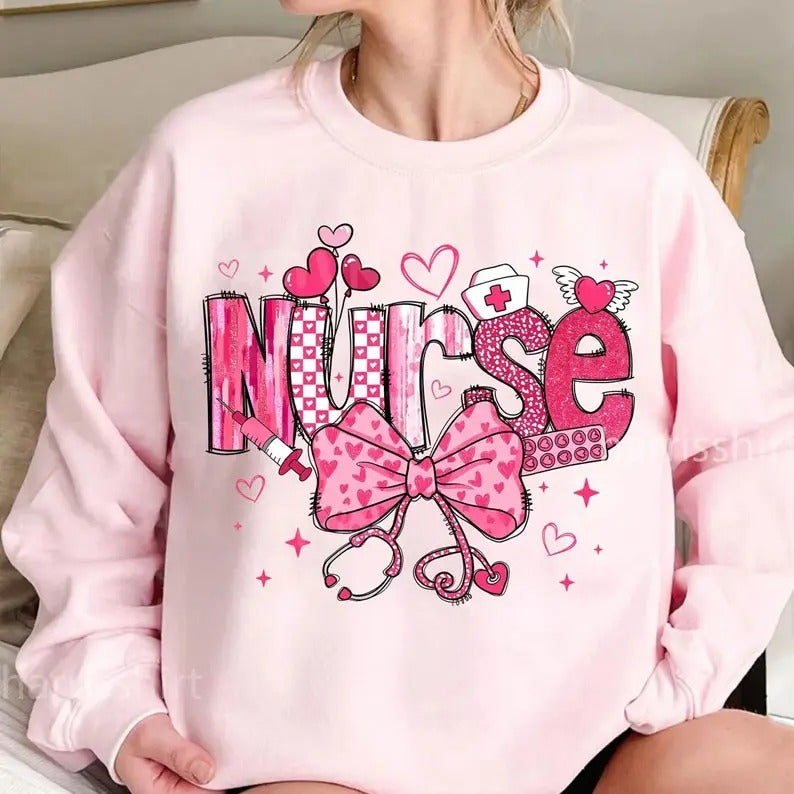 Nurse Valentine Coquette Bow Shirt, Nurse Valentine Shirt, Valentine Tee, Valentine Nurse Shirt,  Nurse Sweatshirt, Nurse Heart Tee, Valentine Gift