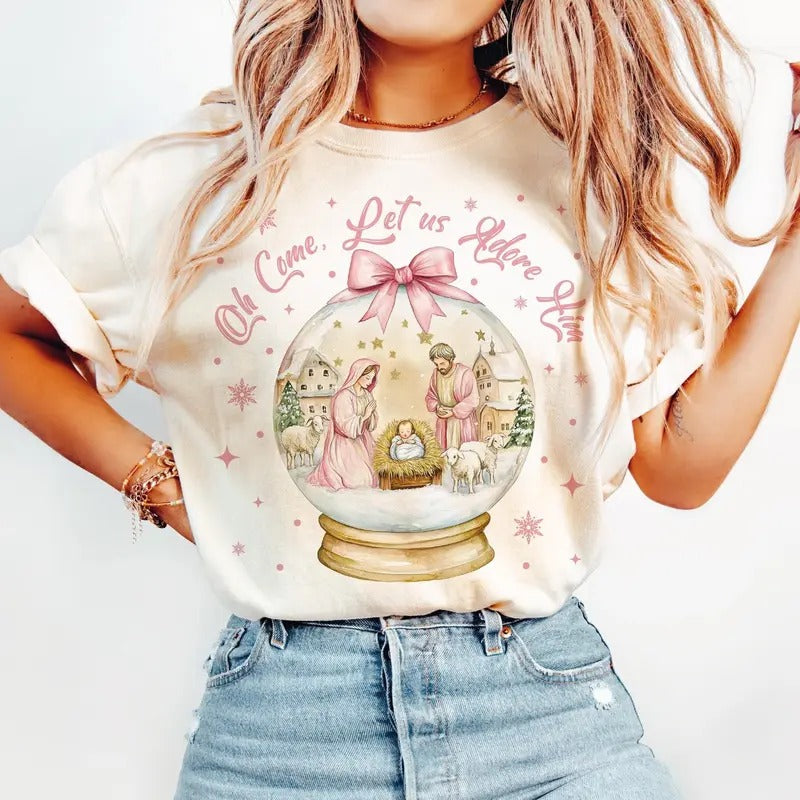 Oh Come Let Us Adore Him Shirt, Coquette Bow Christmas Tree Sweatshirt, Nativity Scene Christmas, Oh Holy Night Crewneck Cotton Fabric Fit