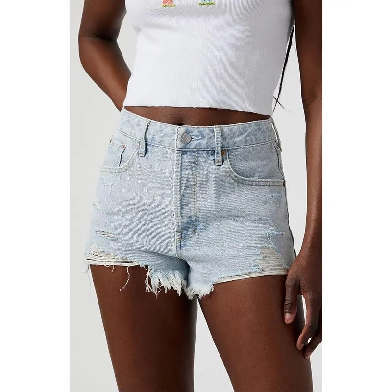 Pacsun Women's Light Indigo Ripped Button Fly High Waisted Denim Festival Shorts