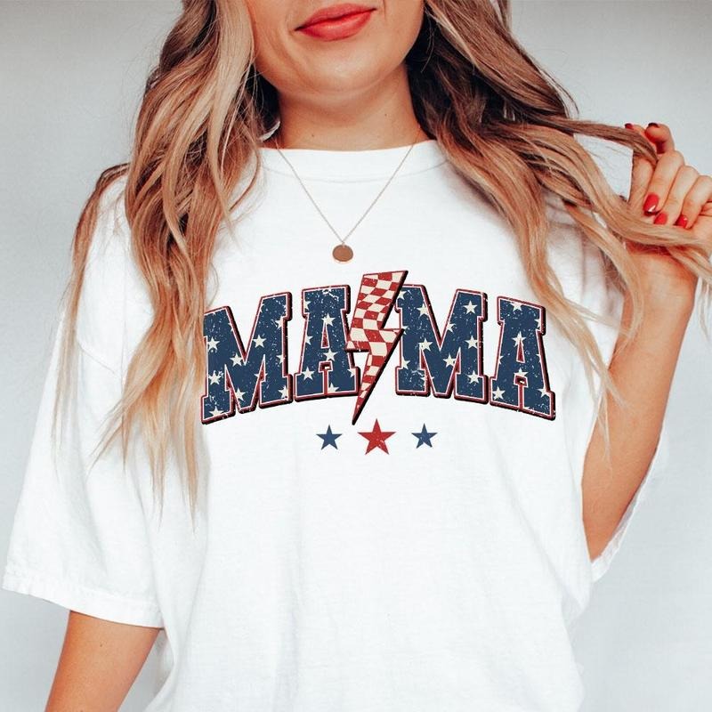 Patriotic Mama Shirt, 4th Of July T-Shirt, USA Flag Mama Tee, Independence Day Outfit, Retro American Pride Shirt, Women's July 4th Wear, Comfortable Casual Top, Red White and Blue Mom Shirt, Fourth Of July Celebration
