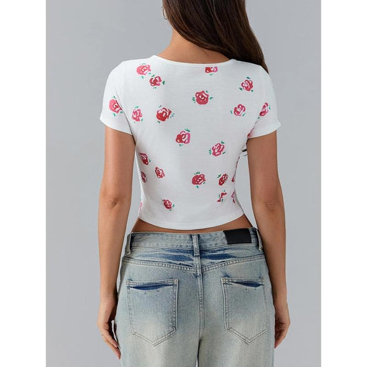 Women's Summer Fitted Crop Tops Short Sleeve Crewneck Solid Color/Pattern Print Cropped T-shirt Cotton Womenswear