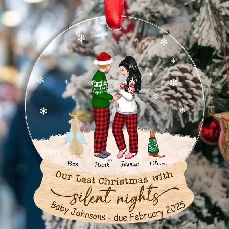 Personalised Pregnant Couple Christmas Wooden Ornament, Baby Coming Soon, Expecting Family Ornament, Couple And Pets Ornament, Newborn Ornament