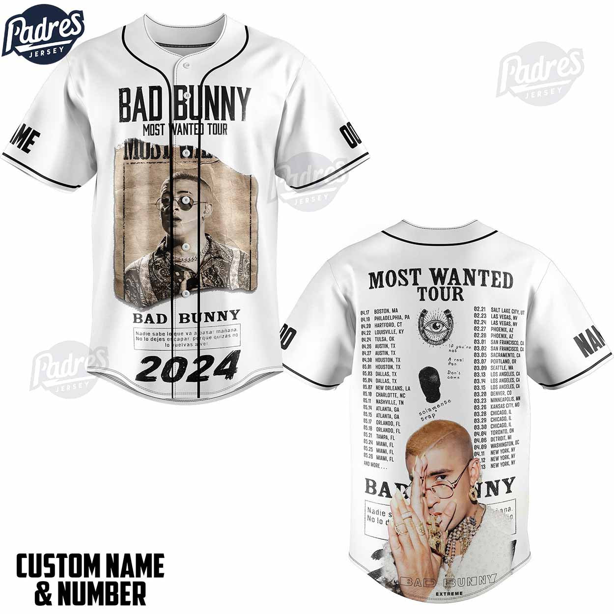Personalized Bad Bunny Most Wanted Tour 2024 Baseball Jersey Shirt - Padres Jersey Oasis: Elevate Your Baseball Style Game