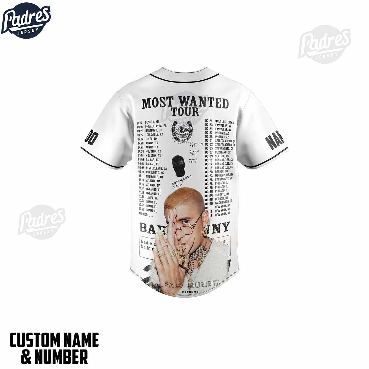 Personalized Bad Bunny Most Wanted Tour 2024 Baseball Jersey Shirt - Padres Jersey Oasis: Elevate Your Baseball Style Game