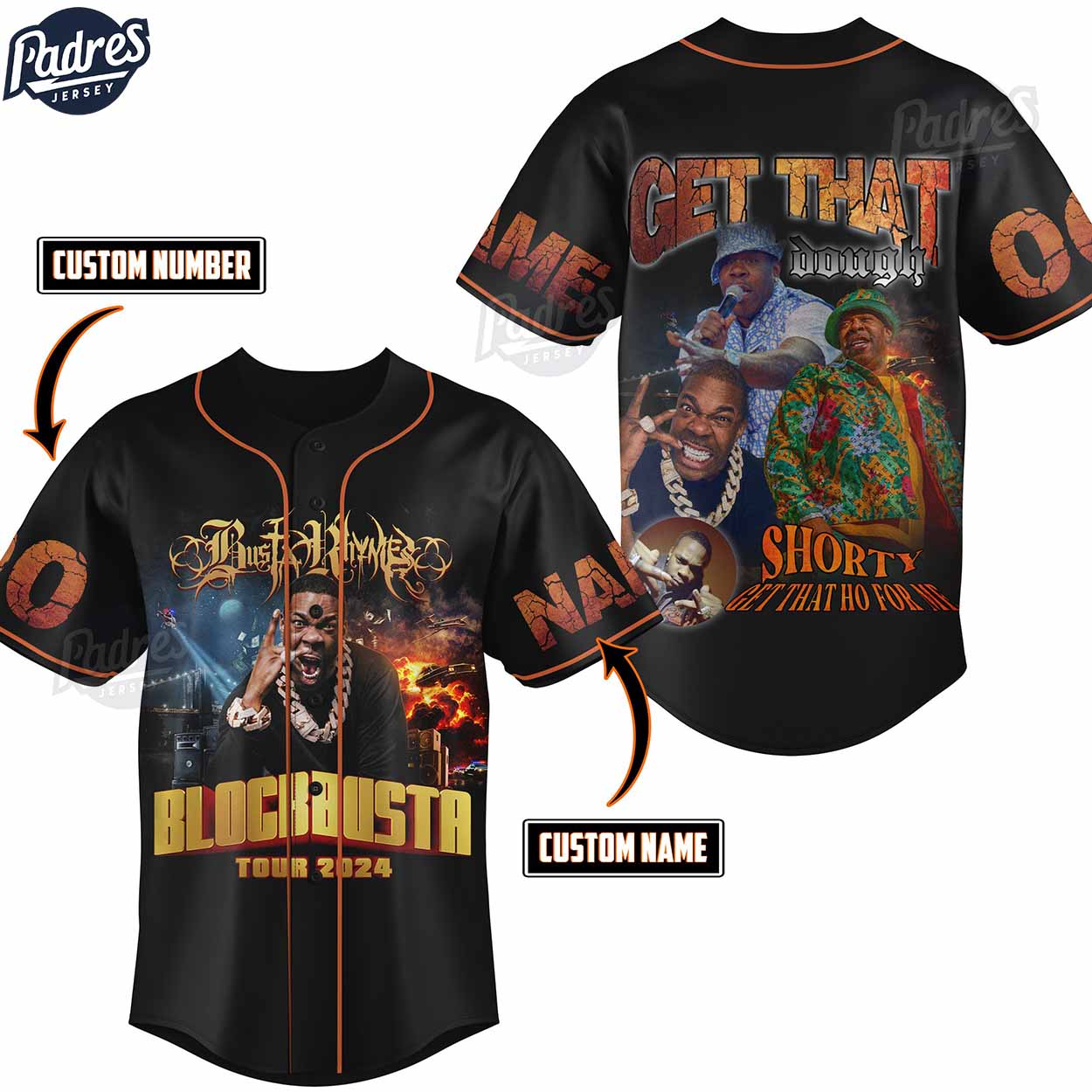 Personalized Busta Rhymes BLOCKBUSTA TOUR 2024 Baseball Jersey - Padres Jersey Oasis: Elevate Your Baseball Style Game