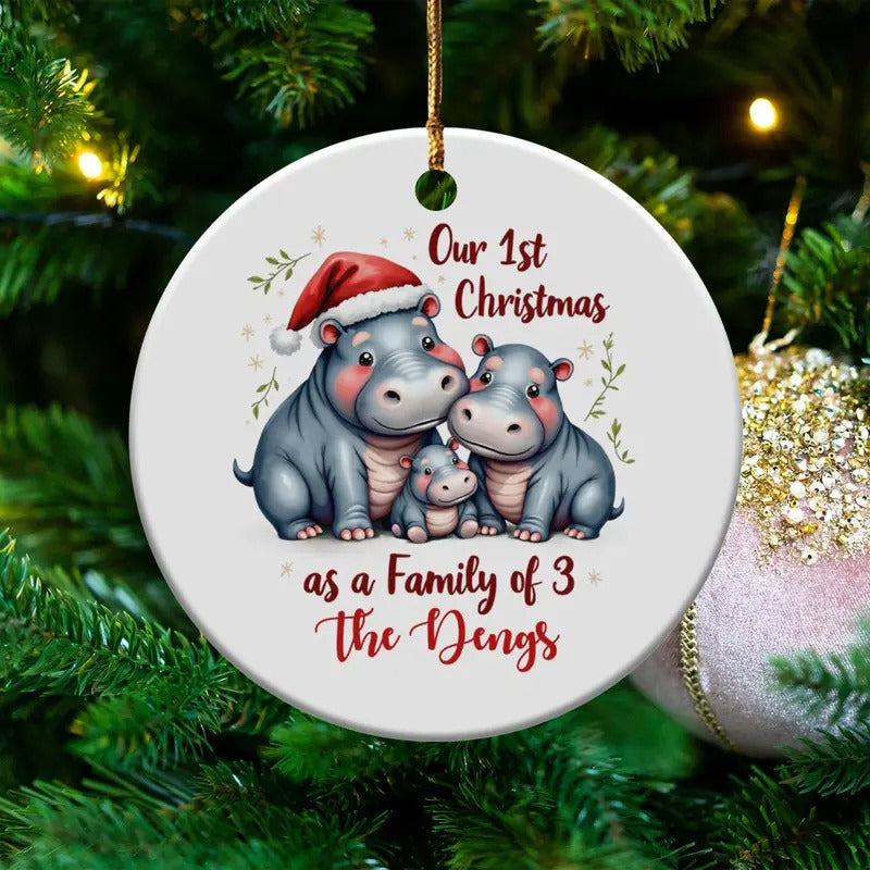 Personalized Hippo Family Ornament, Our 1st Christmas as Family of 3, Cute Holiday Keepsake, First Christmas Decoration 2024