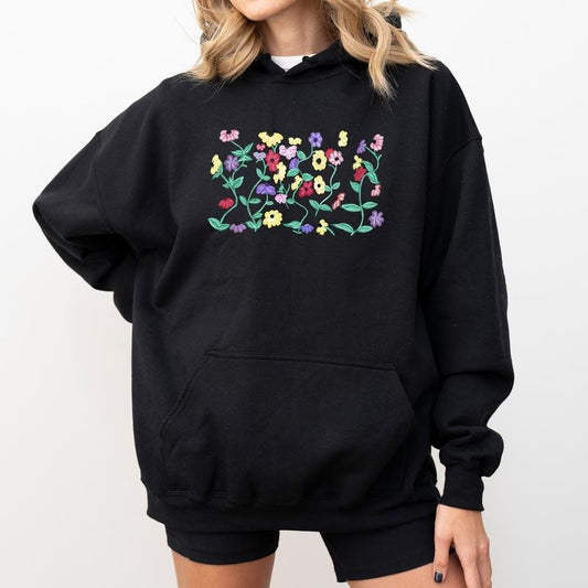 Piano Floral Hoodie, Eras Piano Flowers Graphic Hoodies, Watercolor Wildflowers Hoodie, Nature Lovers Women Outfits