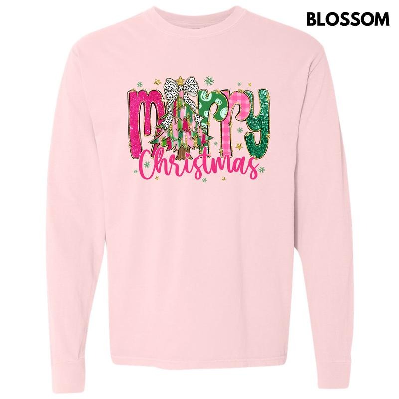 Pink & Green Merry Christmas Long Sleeve Comfort Colors T-Shirt 'NLB'