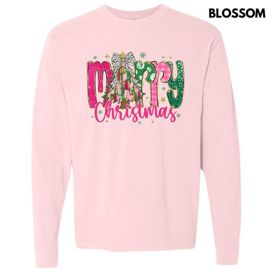 Pink & Green Merry Christmas Long Sleeve Comfort Colors T-Shirt 'NLB'