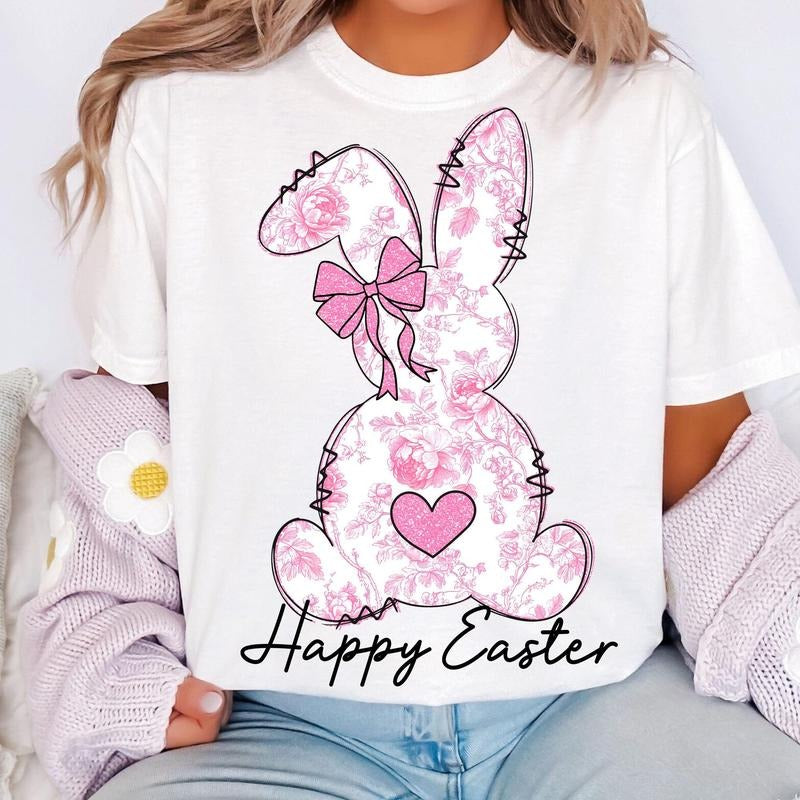 Pink Floral Chinoiserie Bunny T-Shirt, Happy Easter T-Shirt, Easter T-Shirt, Pink Toile Easter Rabbit T-Shirt, Grand Millennial Easter T-Shirt