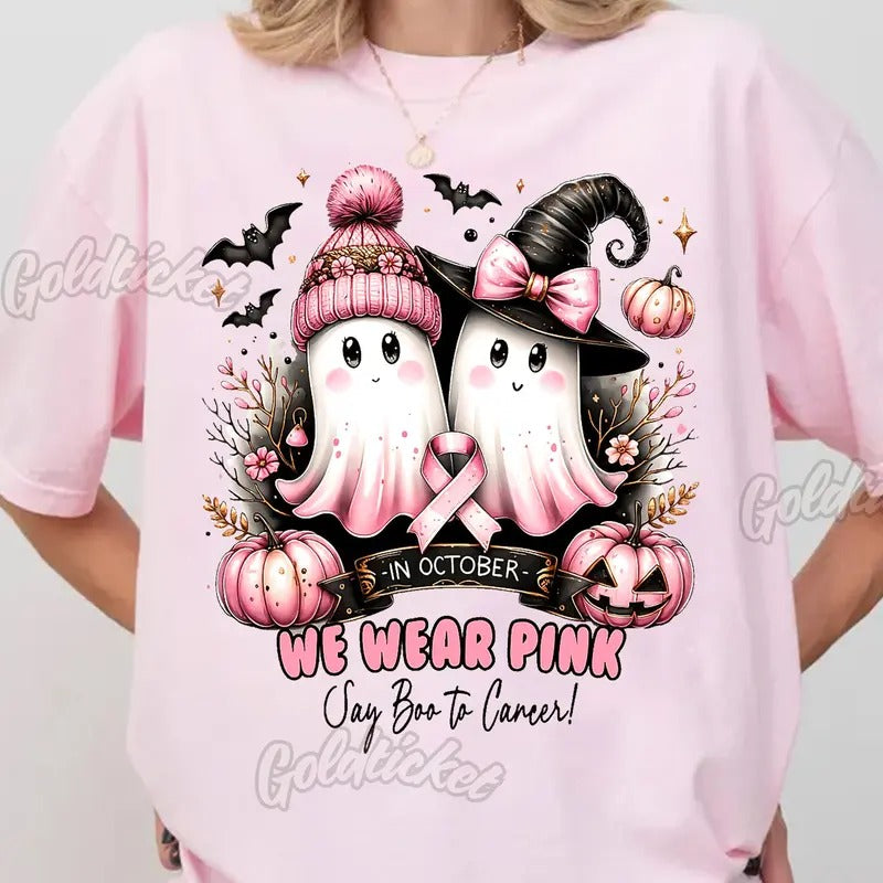 Pink Ghost Breast Cancer Halloween T-shirt, In October We Wear Pink Tee, Ghost Breast Cancer Awareness, Gift For Man And Women Unisex TShirt