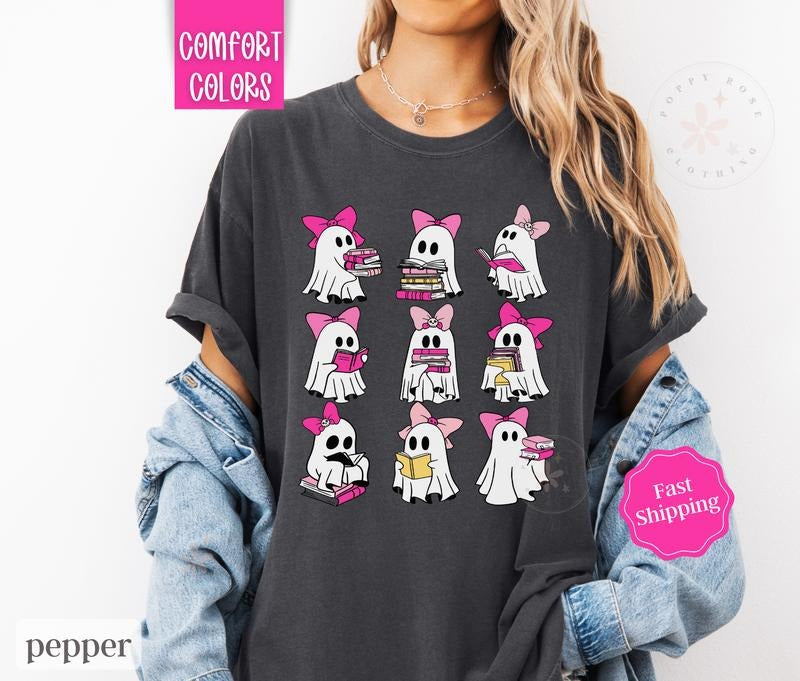 Pink Ghost Reading Shirt Comfort Colors, Book Lover Tshirt, Teacher Halloween Tee