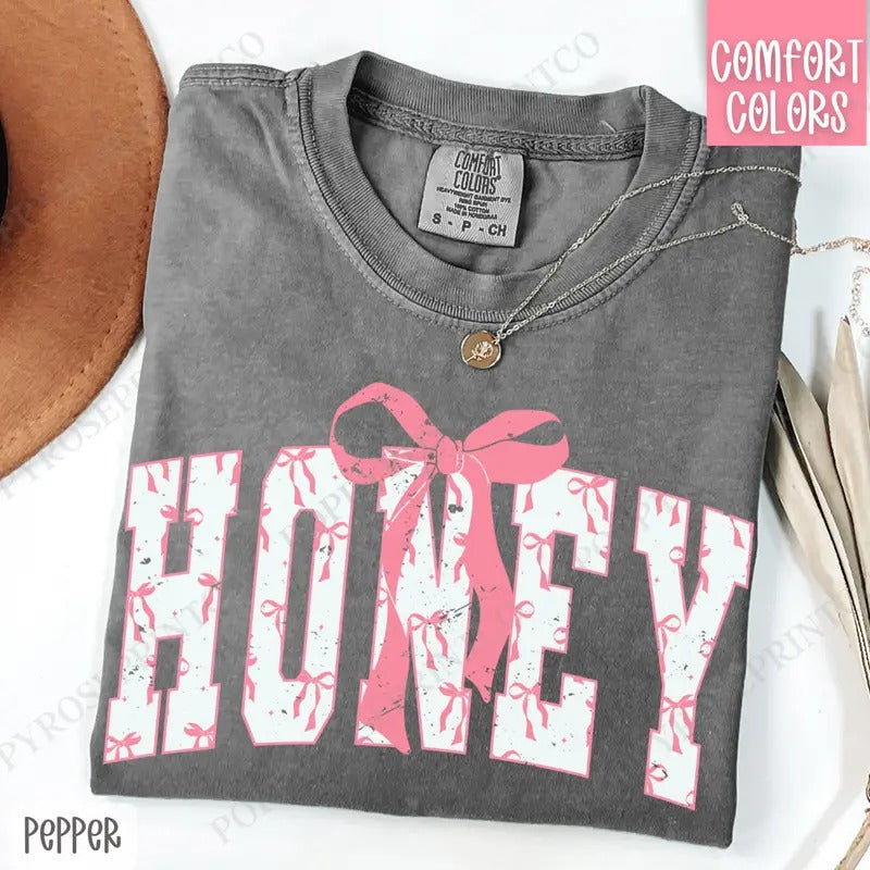 Pink Honey Bow Shirt Comfort Colors, Women's Tee, Cute Women's Tshirt