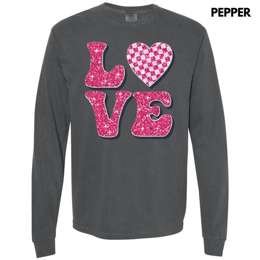 Pink Love Faux Glitter Long Sleeve Comfort Colors T-Shirt