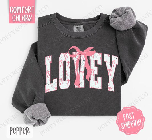 Pink Lovey Bow Comfort Colors Sweatshirt, Women's Crewneck, Cute Women's Sweater