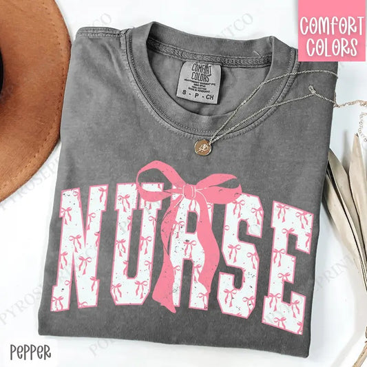 Pink Nurse Bow Shirt Comfort Colors, Women's Tee, Cute Women's Tshirt