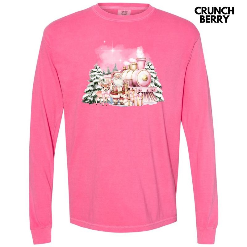 Pink Train & Santa Holiday Long Sleeve Comfort Colors T-Shirt 'NLB'