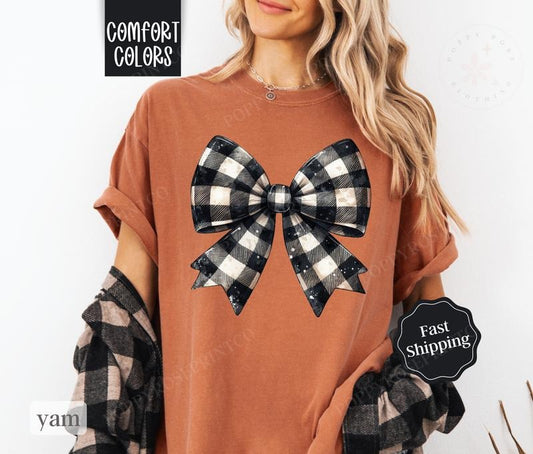 Plaid Bow Shirt Comfort Colors, Fall Tshirt, Coquette Clothing, October Vibes Shirt for Women Oversized Crewneck Tee