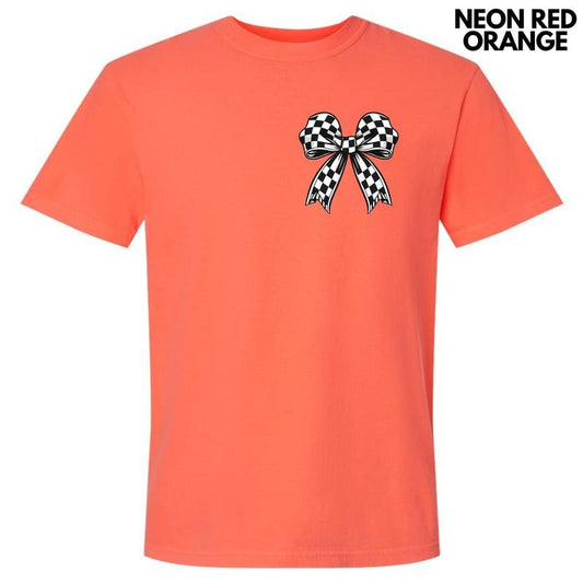 Pocket Size - Black Checkered Bow Comfort Colors T-Shirt 'NLB'
