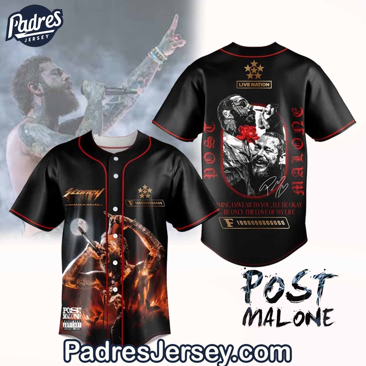 Post Malone Live Nation Baseball Jersey Outfit - The Big Ass Stadium Tour - Padres Jersey Oasis: Elevate Your Baseball Style Game