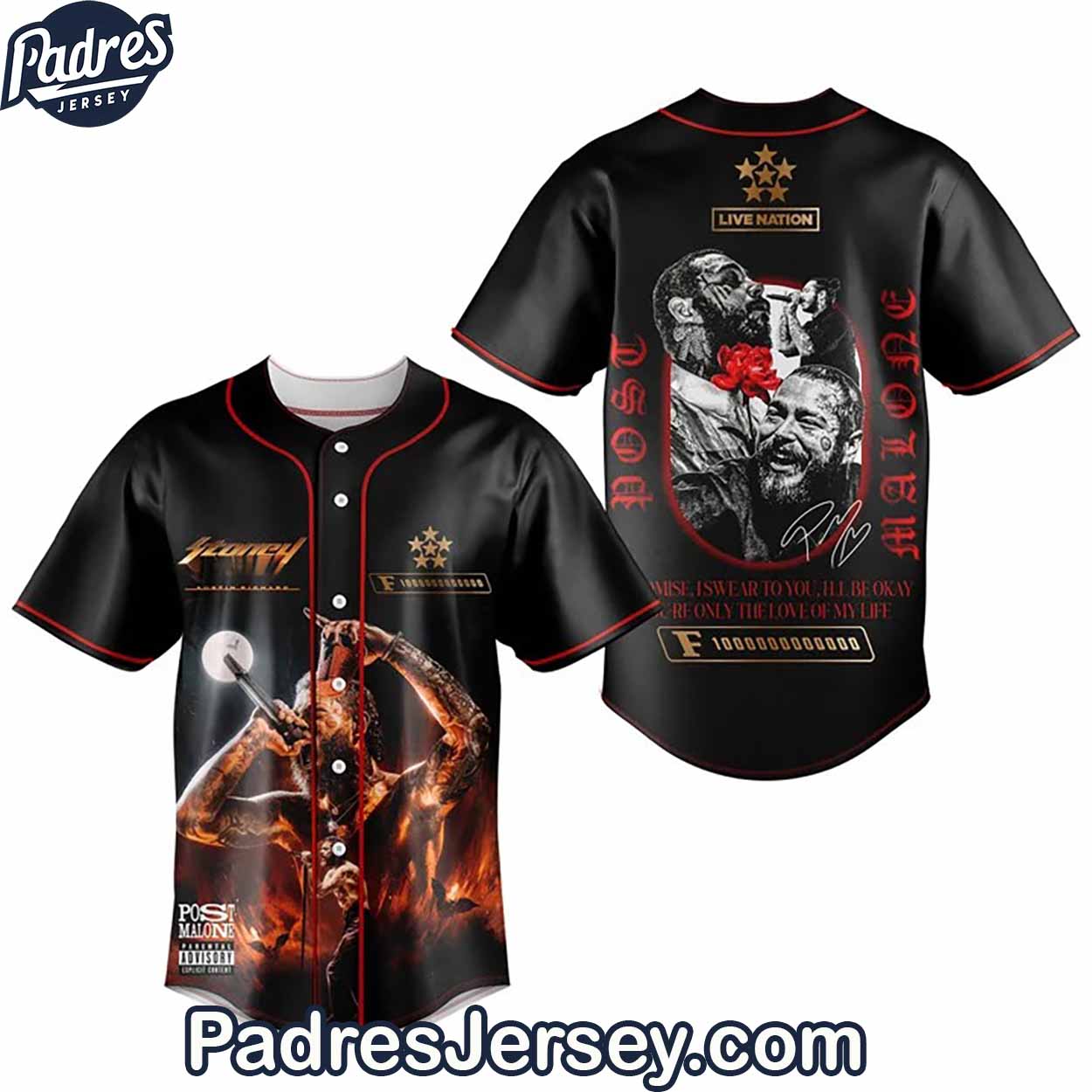 Post Malone Live Nation Baseball Jersey Outfit - The Big Ass Stadium Tour - Padres Jersey Oasis: Elevate Your Baseball Style Game