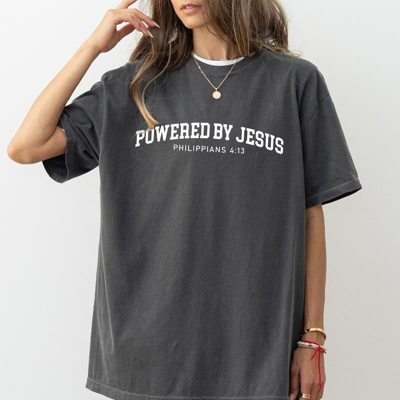 Powered By Jesus Shirt Comfort Colors, Bible Verse Unisex T-Shirt, Religious Gift for Christian, Baptism Clothing, Faith Based Tee, Womenswear