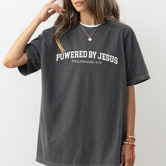 Powered By Jesus Shirt Comfort Colors, Bible Verse Unisex T-Shirt, Religious Gift for Christian, Baptism Clothing, Faith Based Tee, Womenswear