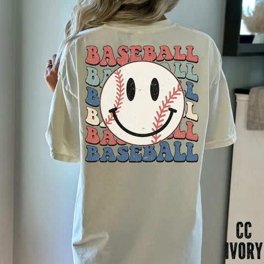 Premium  Smiley Face Baseball Shirt, Gameday Baseball Shirt, Happy Face Shirt, Baseball Mom's, Parent's T-shirt, Baseball Fan T-shirt