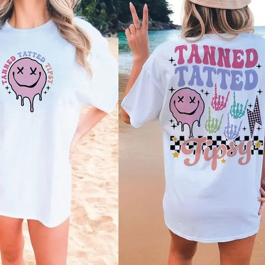 Premium  Tanned tatted and tipsy , summer smiley face sweatshirt