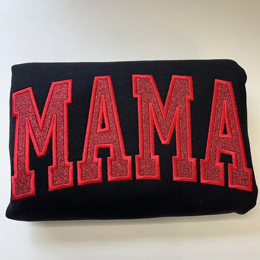 Red Glitter Black Sweater | Embroidered MAMA Sweatshirt | Red HTV Design | Cozy Custom Mom Sweater