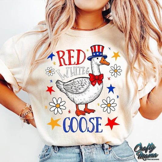 Red White And Goose Funny 4th of July Boho Patriotic Floral Fourth of July Retro America Cute American Goose Shirt T-Shirt